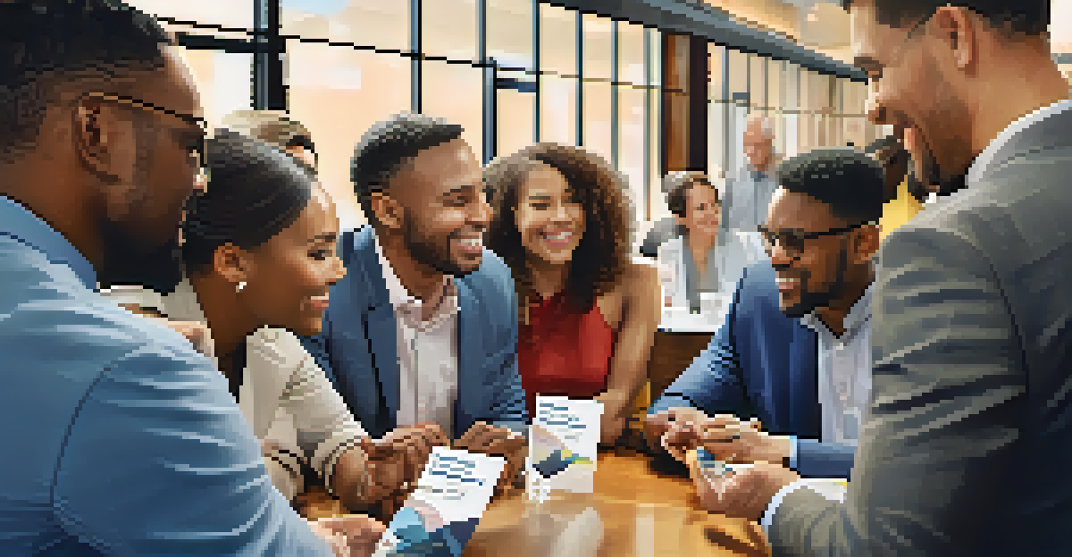 A close-up of diverse entrepreneurs networking, exchanging business cards, and discussing ideas at a lively event with banners in the background.
