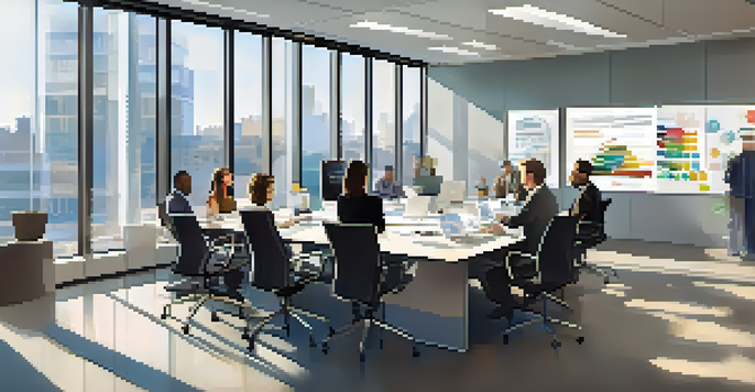 A diverse team of professionals in a bright modern office discussing AI ethics. Laptops are open on the conference table showing data analytics.