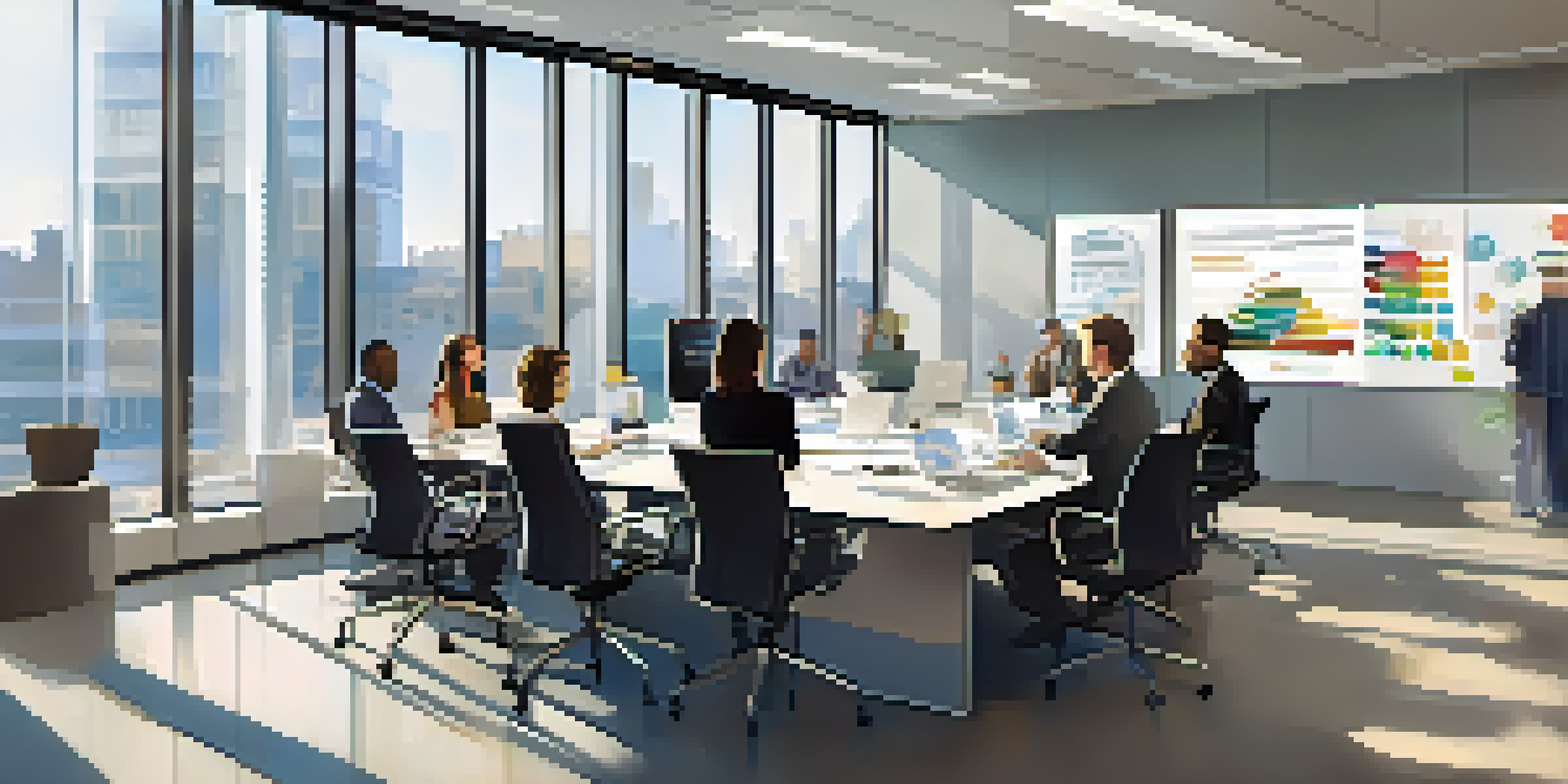 A diverse team of professionals in a bright modern office discussing AI ethics. Laptops are open on the conference table showing data analytics.