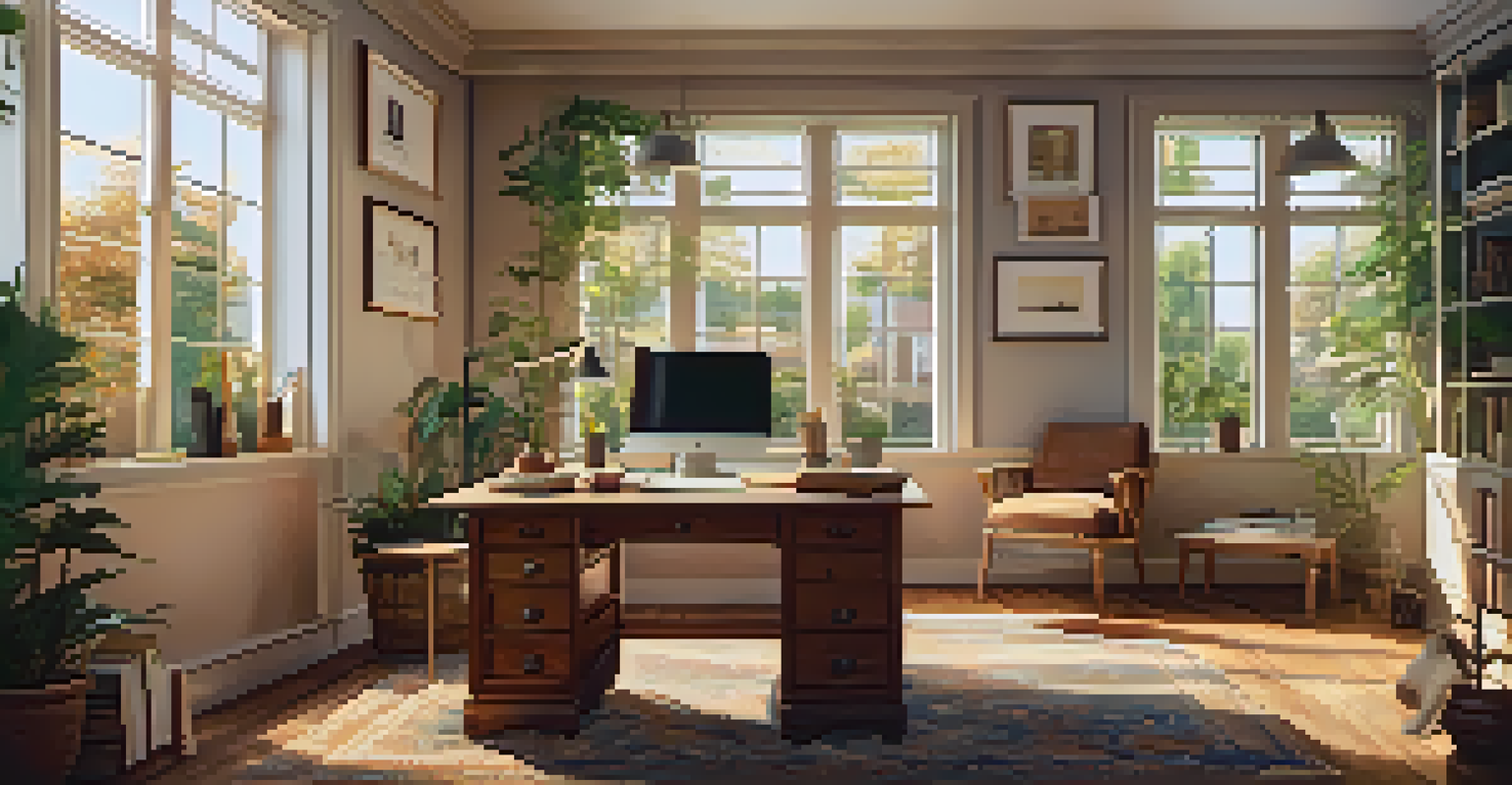 A cozy home office with a desk and laptop, decorated warmly, with a garden view outside and sunlight streaming in.