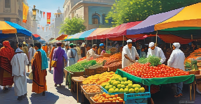 A vibrant global marketplace with diverse vendors and colorful stalls filled with fresh produce and handmade crafts, featuring people of different ethnicities engaging in trade under bright sunlight.