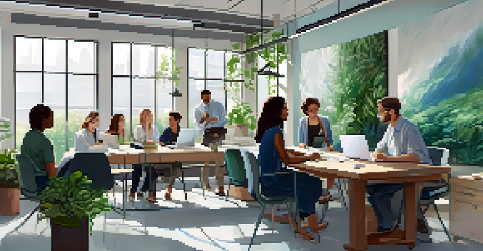 A diverse group of employees in a bright office space, collaborating during a training session with laptops and notebooks.