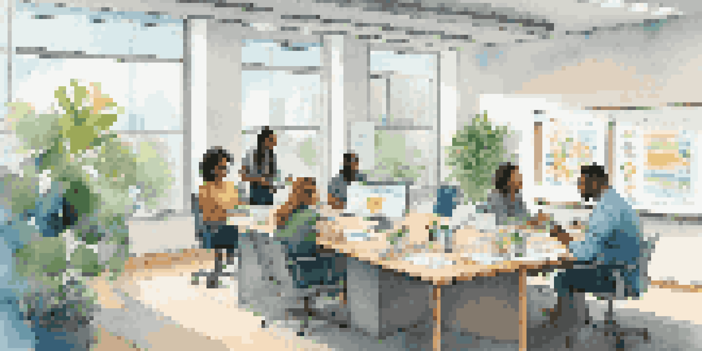 A diverse group of employees in a modern office brainstorming around a conference table with a whiteboard filled with sticky notes.