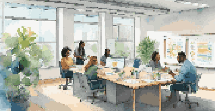 A diverse group of employees in a modern office brainstorming around a conference table with a whiteboard filled with sticky notes.