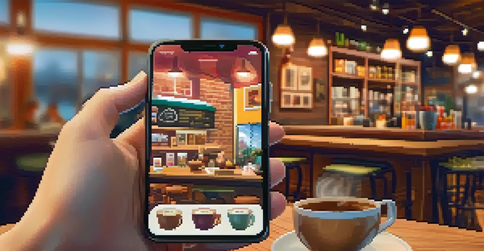 A person shopping online on a smartphone inside a coffee shop, surrounded by warm lighting and a cup of coffee.