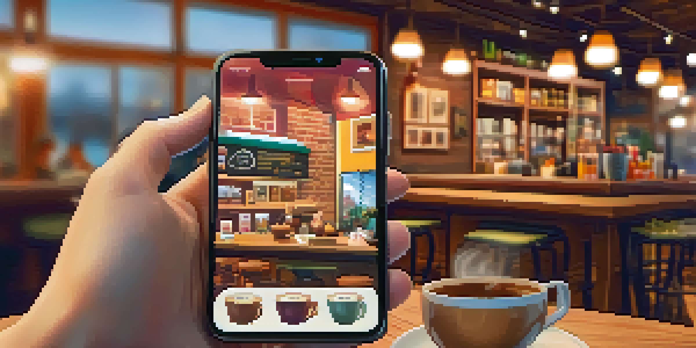 A person shopping online on a smartphone inside a coffee shop, surrounded by warm lighting and a cup of coffee.