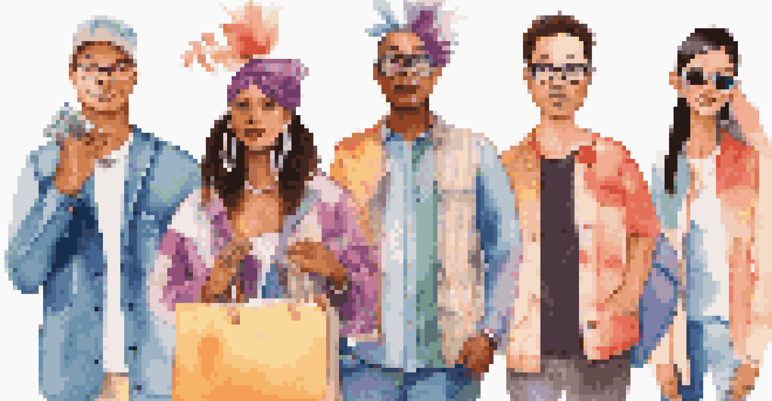 Diverse customer avatars illustrating different market segments with unique fashion styles and accessories against a colorful background.