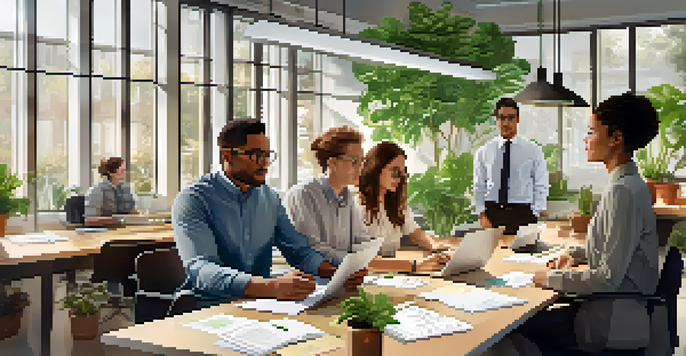 A diverse group of professionals in a bright office brainstorming ideas together around a large table, surrounded by plants and natural light.