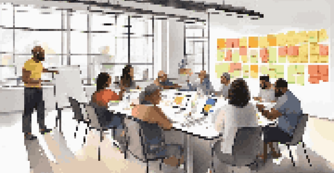 A modern workshop with diverse individuals collaborating on a brainstorming session, surrounded by colorful sticky notes and natural light.