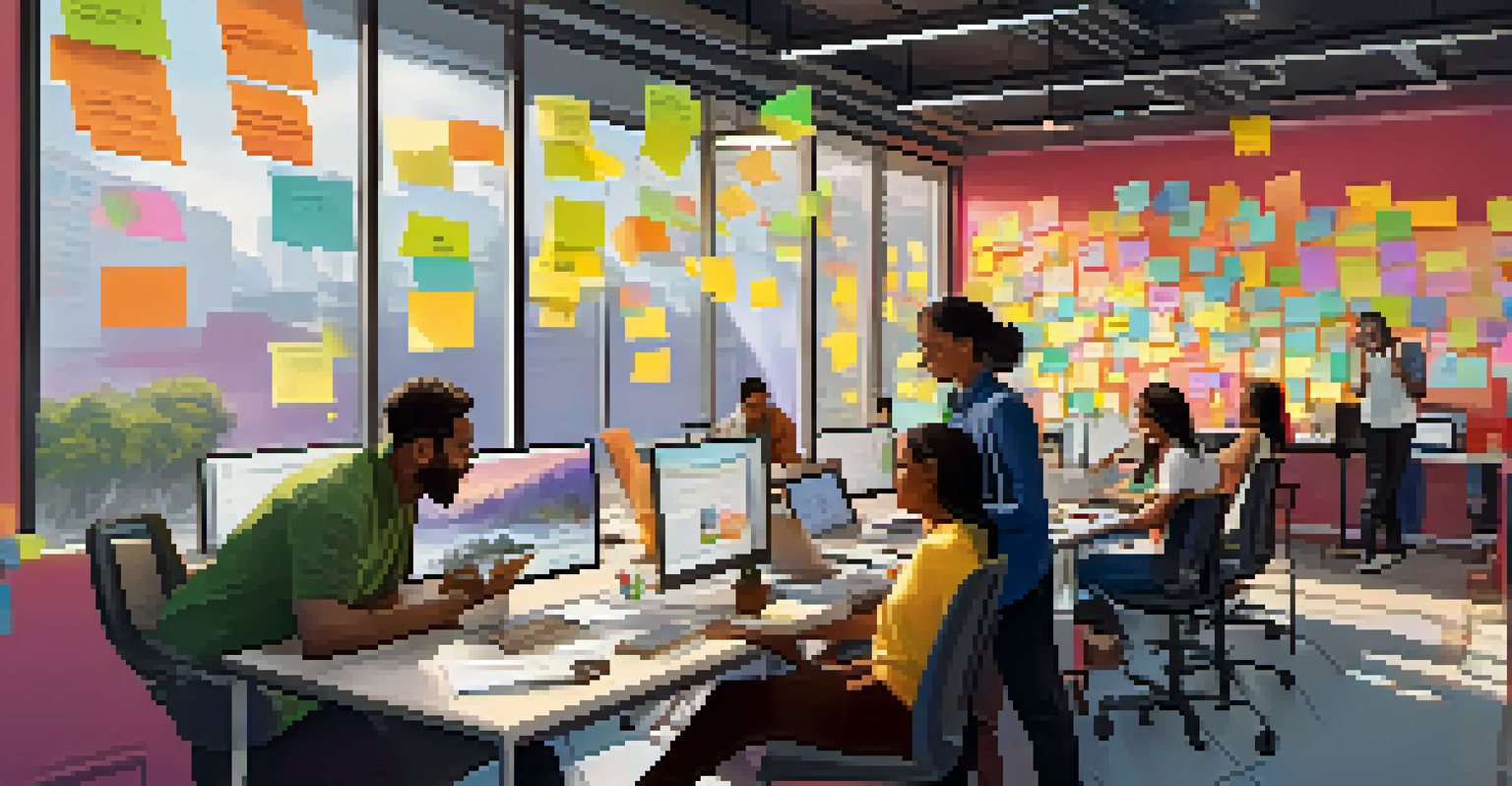An open office space filled with diverse team members collaborating on a project with colorful post-it notes and sunlight streaming through the windows.