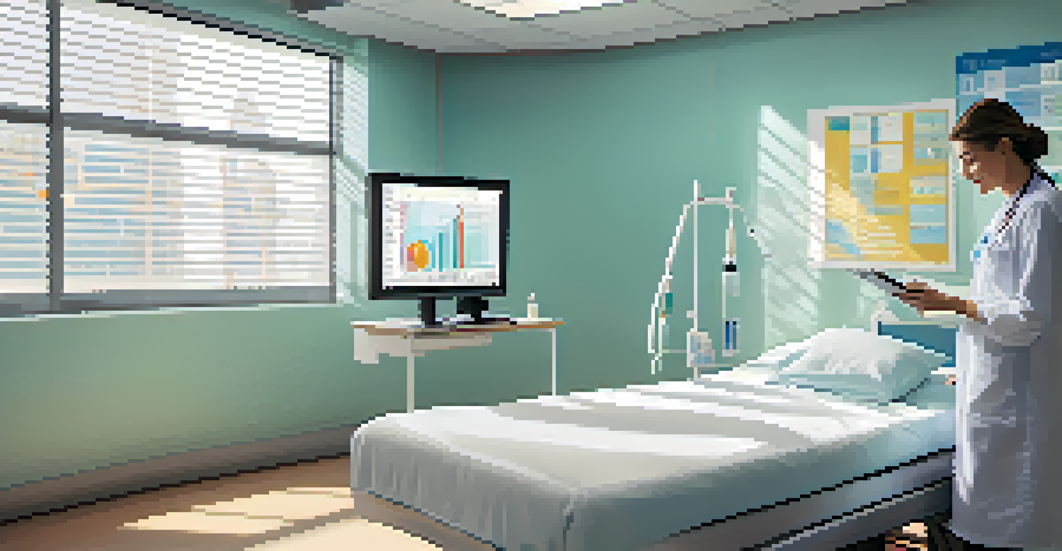 A healthcare professional using a tablet to analyze patient outcomes in a bright hospital room.