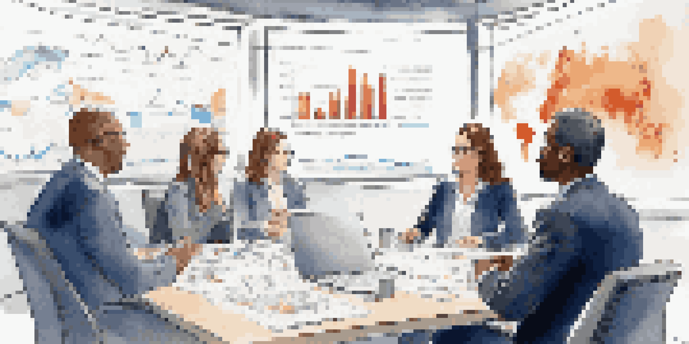 A diverse group of shareholders in a corporate meeting, discussing financial graphs and documents around a round table.