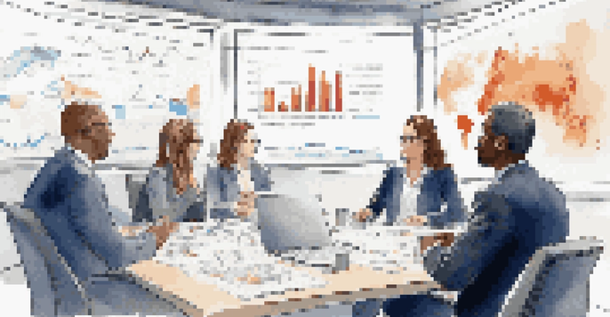 A diverse group of shareholders in a corporate meeting, discussing financial graphs and documents around a round table.