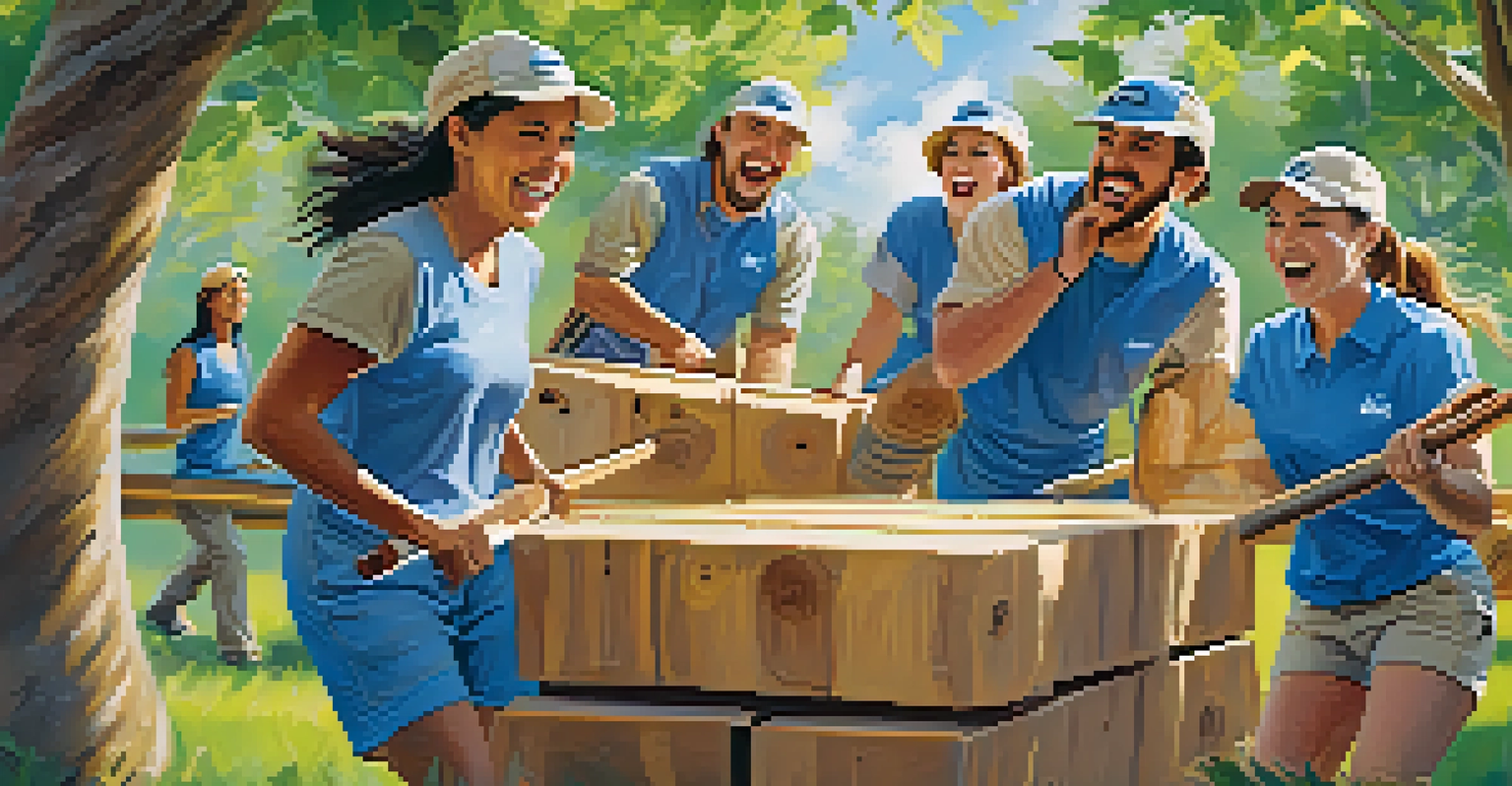 Employees engaging in a trust-building exercise outdoors, showcasing teamwork and a positive atmosphere.