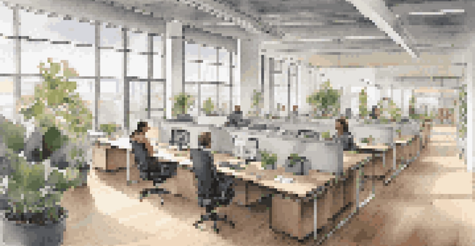 A spacious and accessible office interior with wide corridors, adjustable desks, and adaptive technology, illuminated by natural light from large windows.