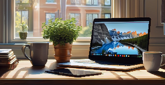 A well-organized workspace with a laptop, coffee cup, and a notebook on a wooden desk illuminated by morning sunlight.