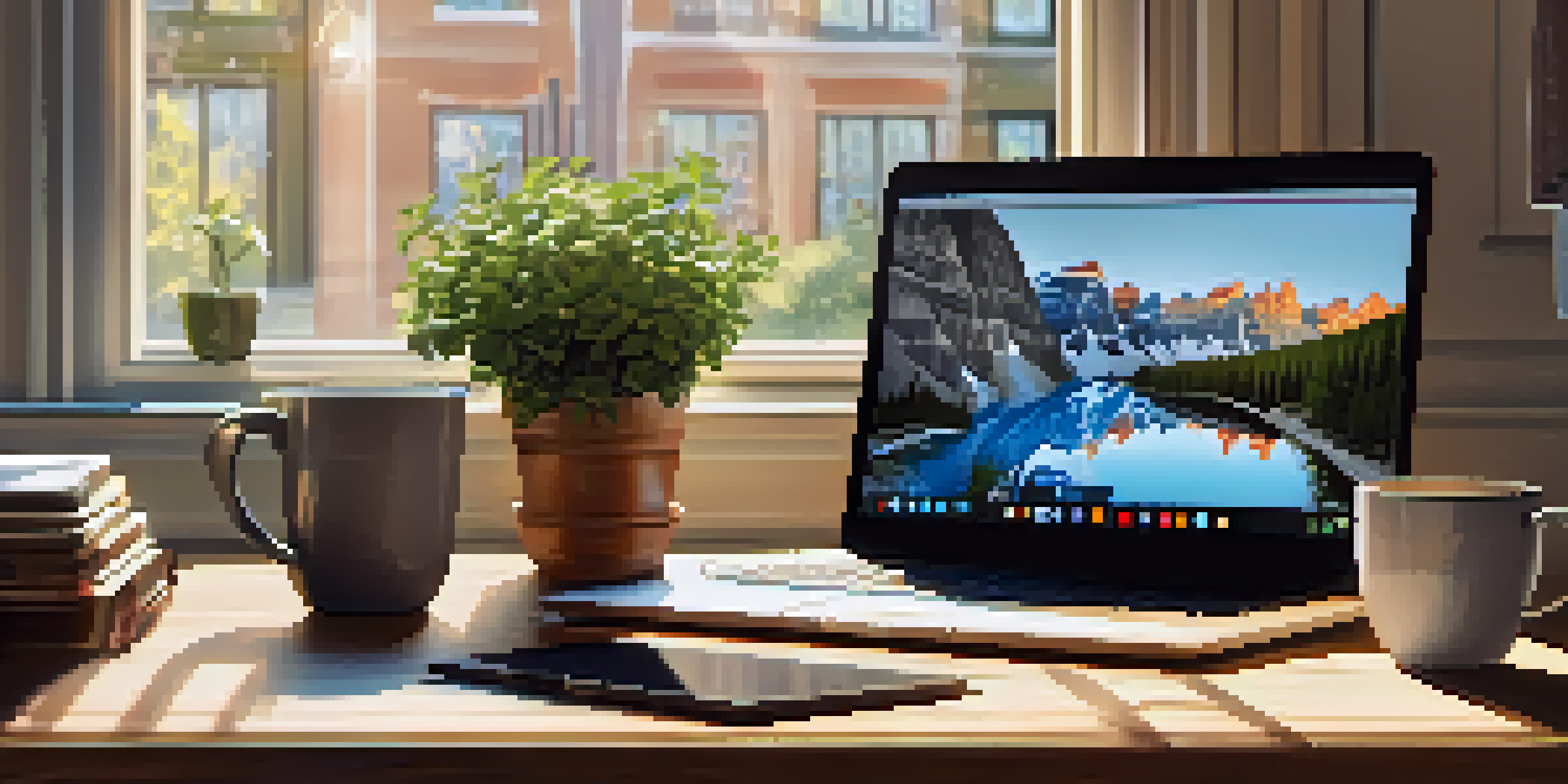 A well-organized workspace with a laptop, coffee cup, and a notebook on a wooden desk illuminated by morning sunlight.