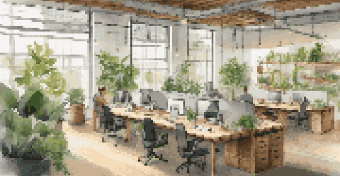 A bright and modern office with large windows, sustainable furniture, and indoor plants, featuring employees working together at a table.