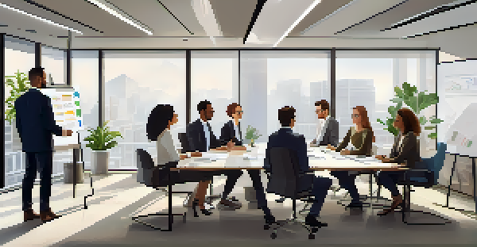 A diverse team of professionals in a bright office, engaged in a meeting about change management, with a projector screen showing visual aids.