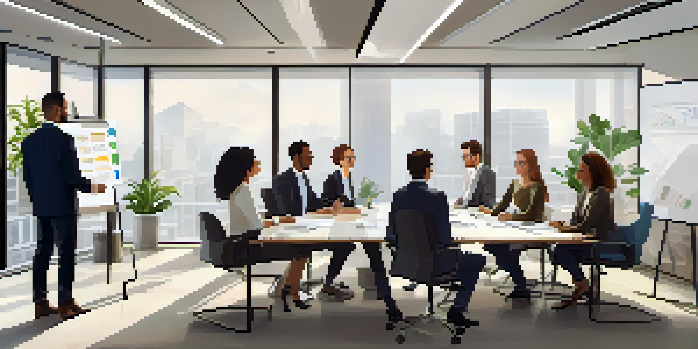 A diverse team of professionals in a bright office, engaged in a meeting about change management, with a projector screen showing visual aids.