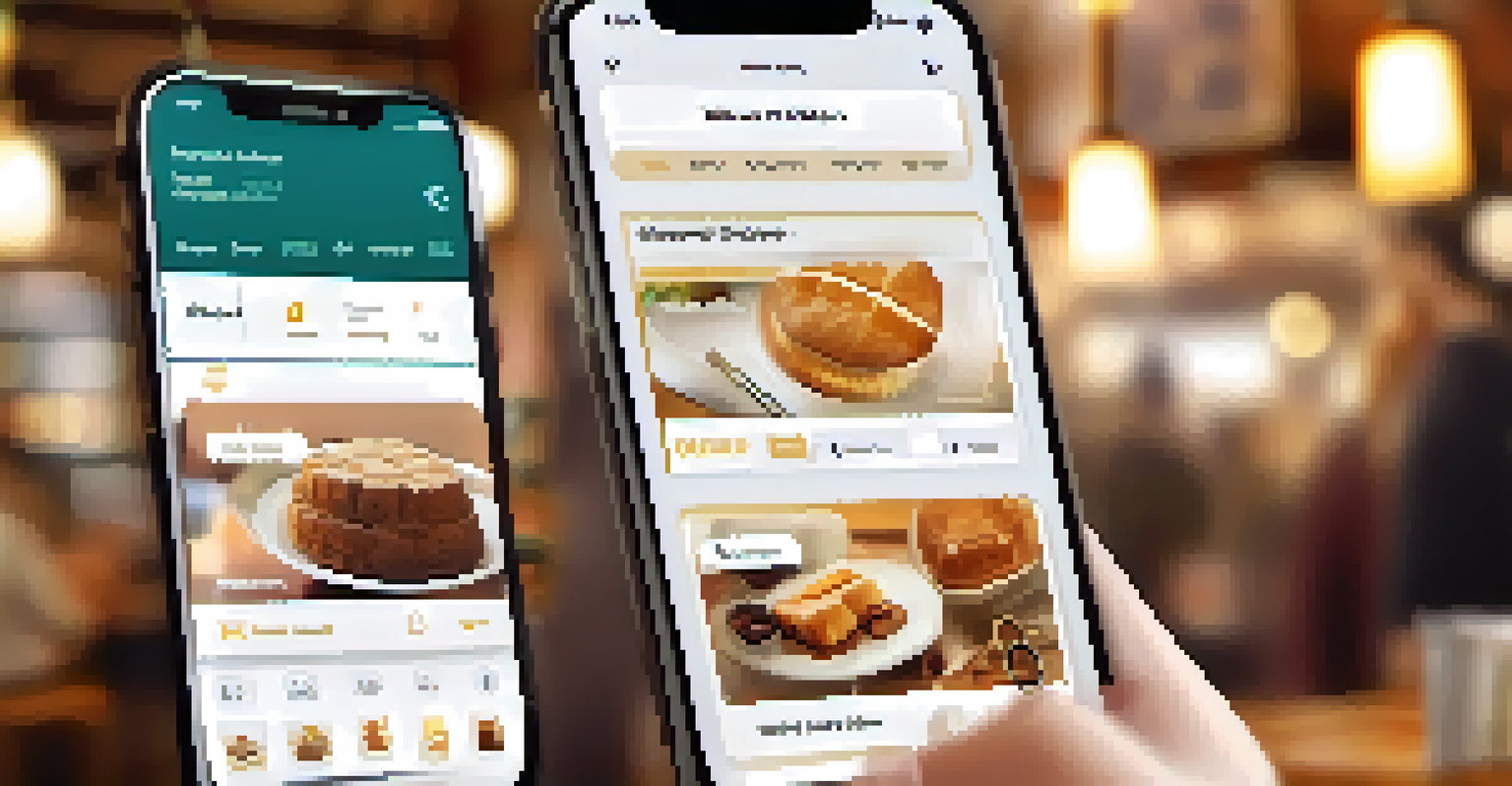 A close-up of a mobile phone displaying a personalized shopping app interface with product recommendations, held in a user's hand in a café setting.