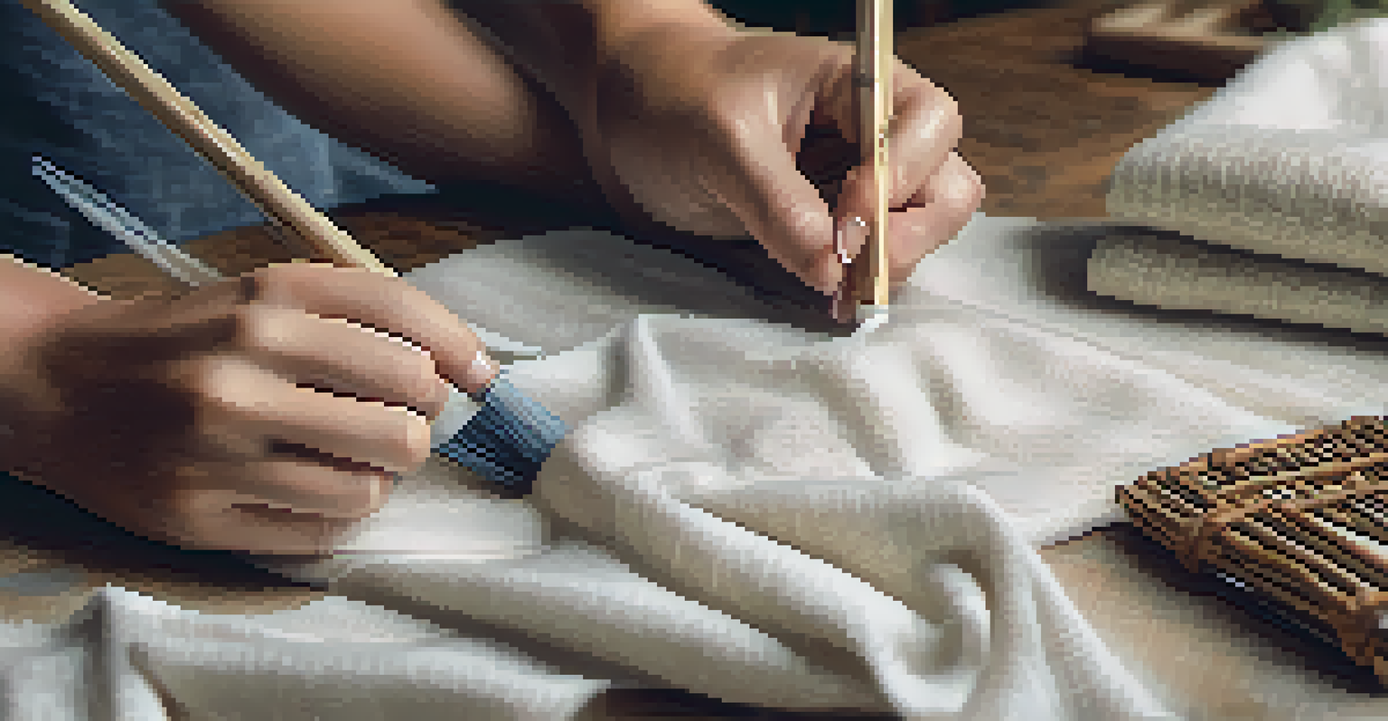 Close-up of hands examining ethically sourced materials like organic cotton and bamboo on a wooden table.