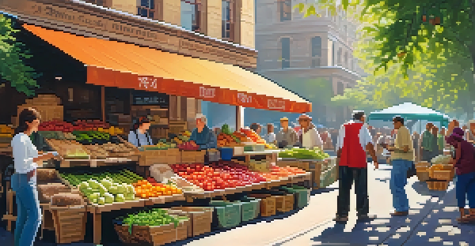 A lively outdoor market filled with local farmers and diverse shoppers, featuring colorful fruits and vegetables under sunlight filtering through trees.