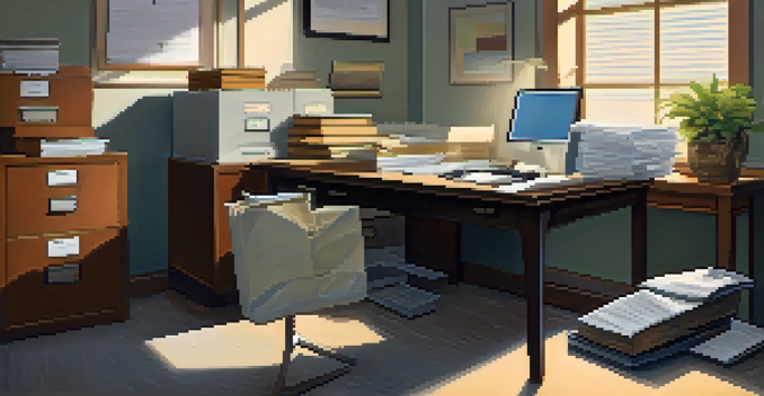 An office setting featuring a locked filing cabinet filled with documents, representing trade secrets, with soft lighting and a potted plant in the background.