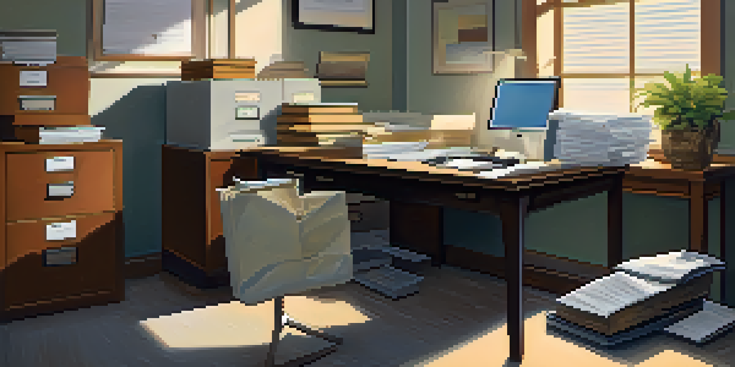 An office setting featuring a locked filing cabinet filled with documents, representing trade secrets, with soft lighting and a potted plant in the background.