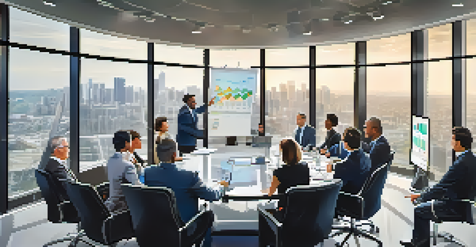 A diverse group of professionals in a conference room discussing financial strategies with graphs displayed on a screen.