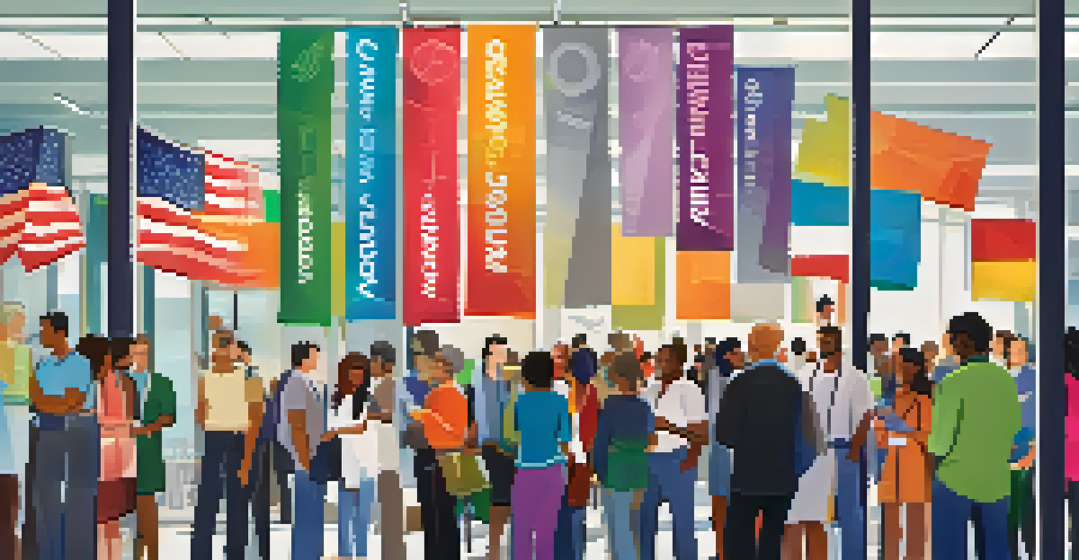 A lively job fair showcasing diverse candidates and company representatives engaging with each other.