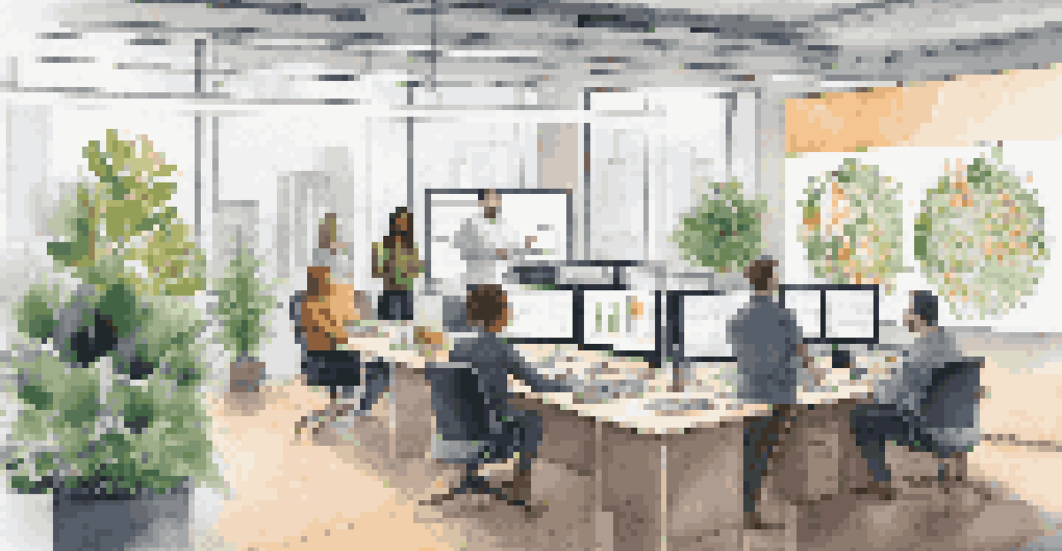 A diverse group of professionals working together in an office with large screens displaying data analytics and plants around them.