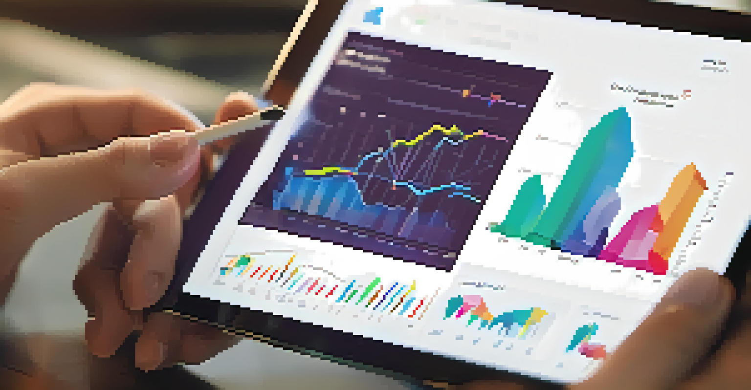 A close-up of a hand interacting with a touchscreen device showing AI analytics insights.