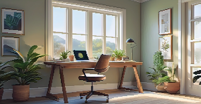 A cozy home office with a wooden desk, ergonomic chair, and laptop, surrounded by potted plants and sunlight streaming through a large window.
