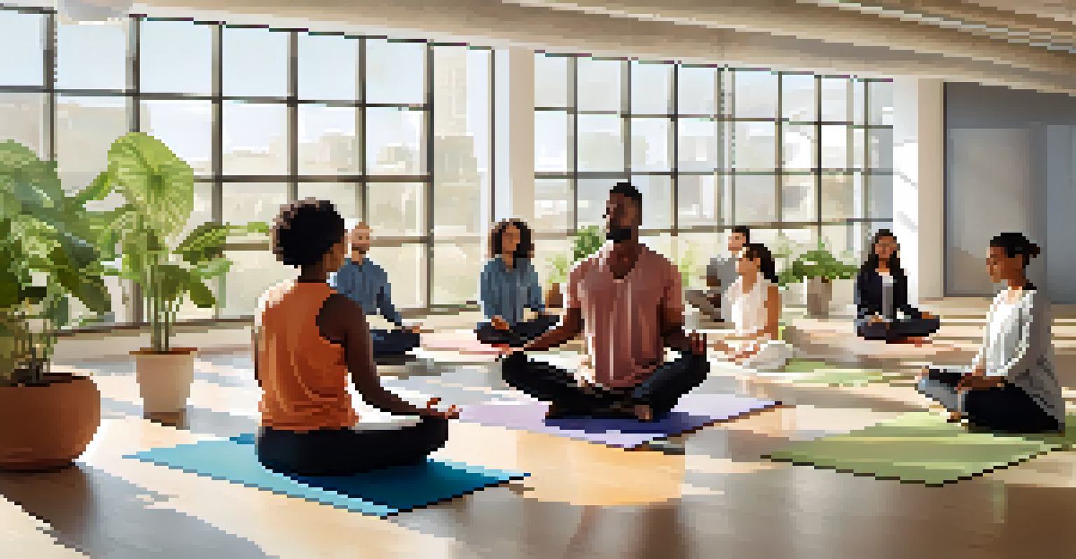 A diverse group of employees meditating together in a bright office space filled with plants, promoting mindfulness and tranquility.