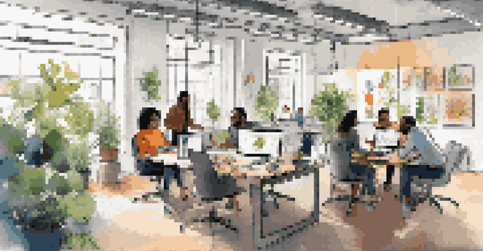 A diverse team of professionals collaborating in a bright modern office, with sketches and laptops on a table.