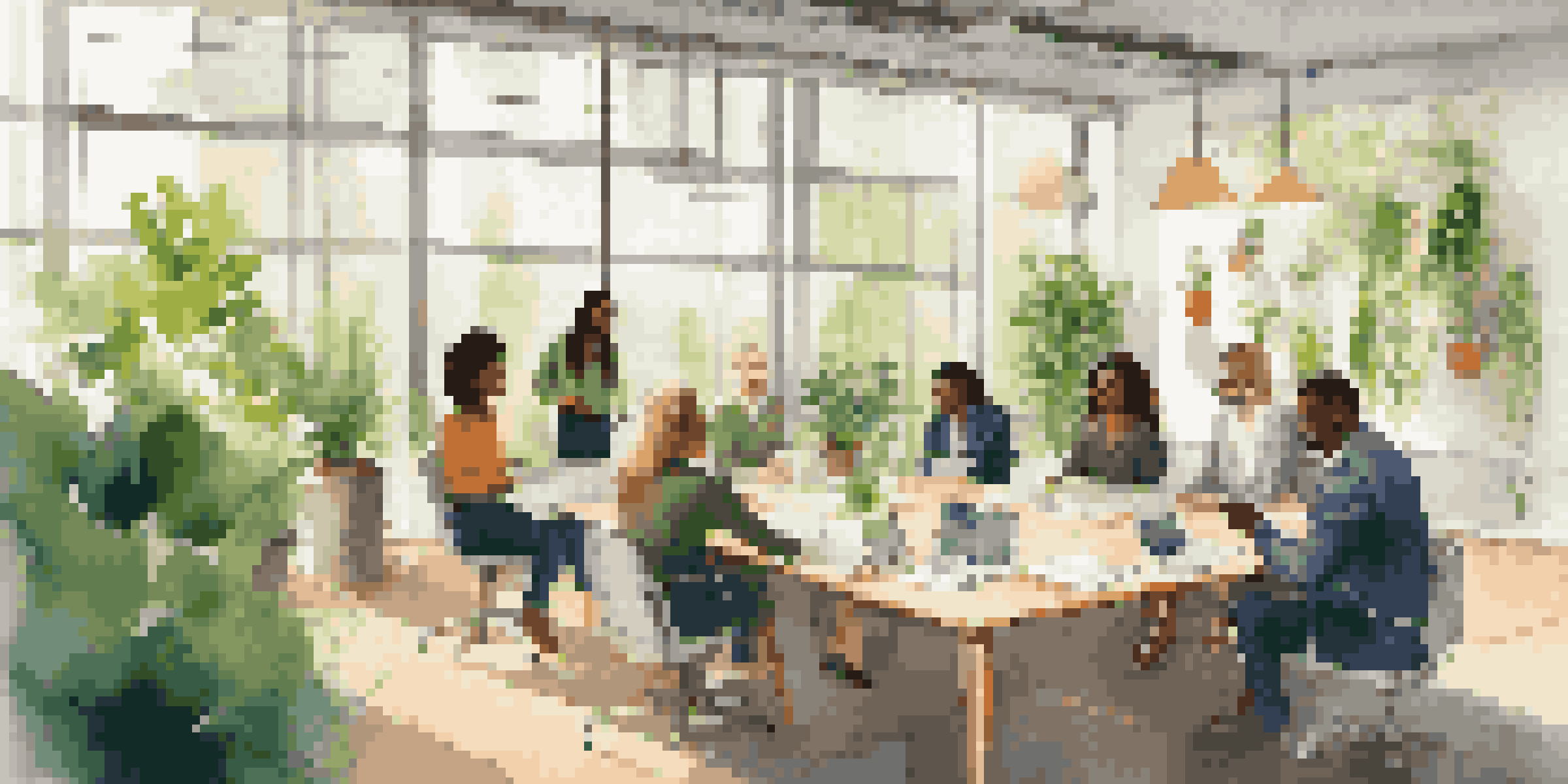A diverse group of professionals collaborating in a bright office filled with plants, emphasizing teamwork and sustainability.