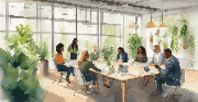 A diverse group of professionals collaborating in a bright office filled with plants, emphasizing teamwork and sustainability.
