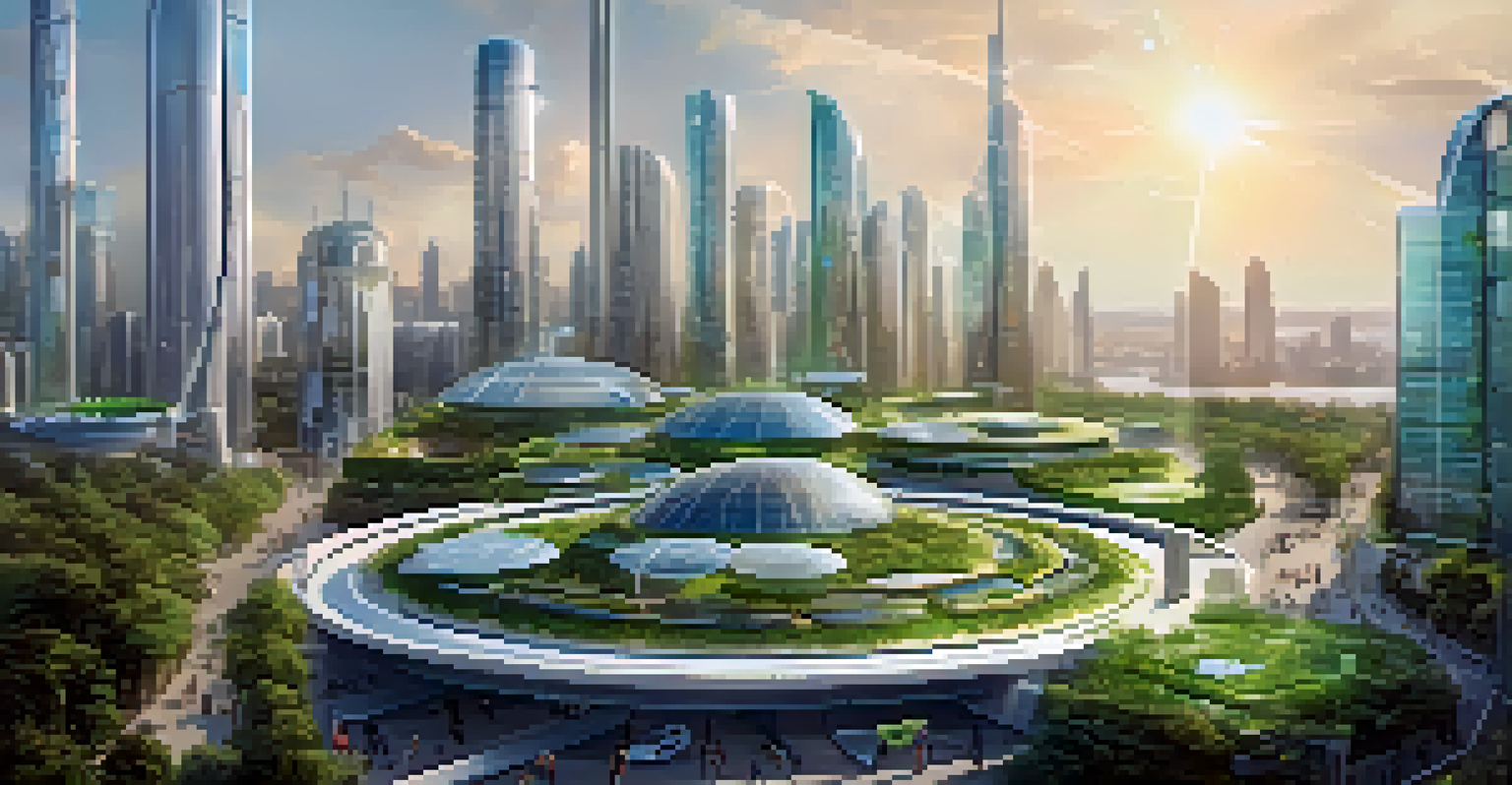 A modern cityscape with solar panels, electric vehicles, and green spaces, illustrating sustainable practices in a circular economy.