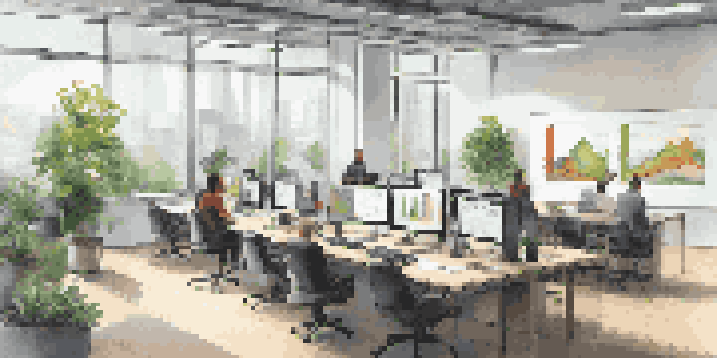 An office workspace with a screen showing data visualizations, professionals collaborating, and plants in the background.