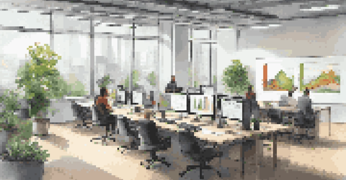 An office workspace with a screen showing data visualizations, professionals collaborating, and plants in the background.
