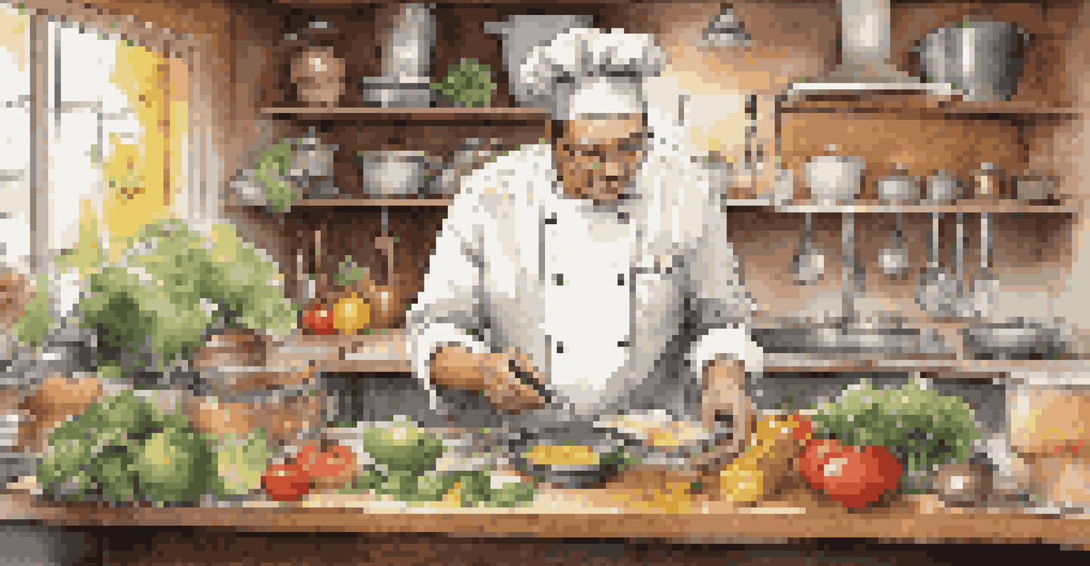A chef in a kitchen using a tablet to analyze culinary data surrounded by fresh ingredients.