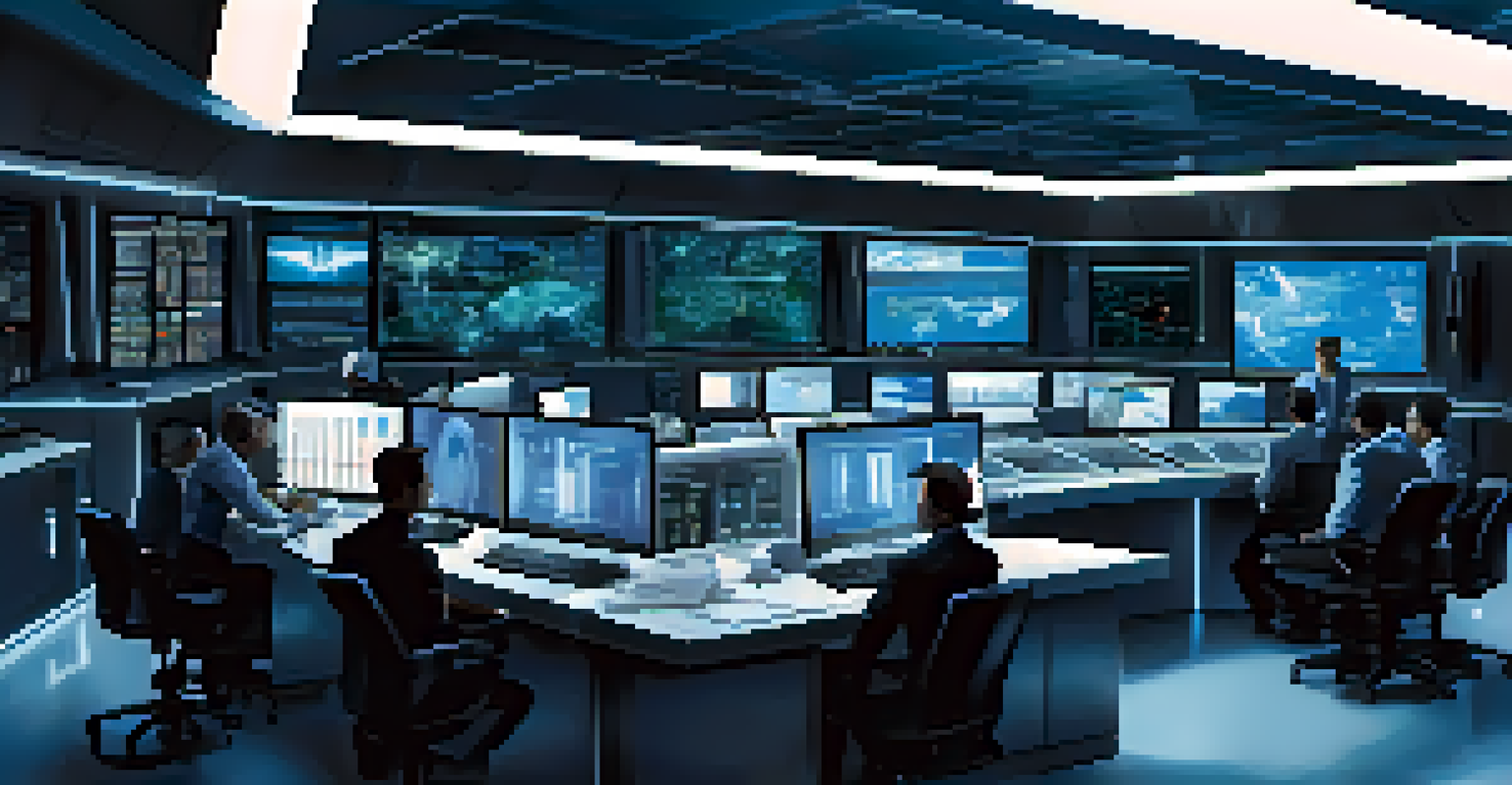 A futuristic control room with advanced technology, where a team analyzes risk data and strategizes, illuminated in blue and white hues.