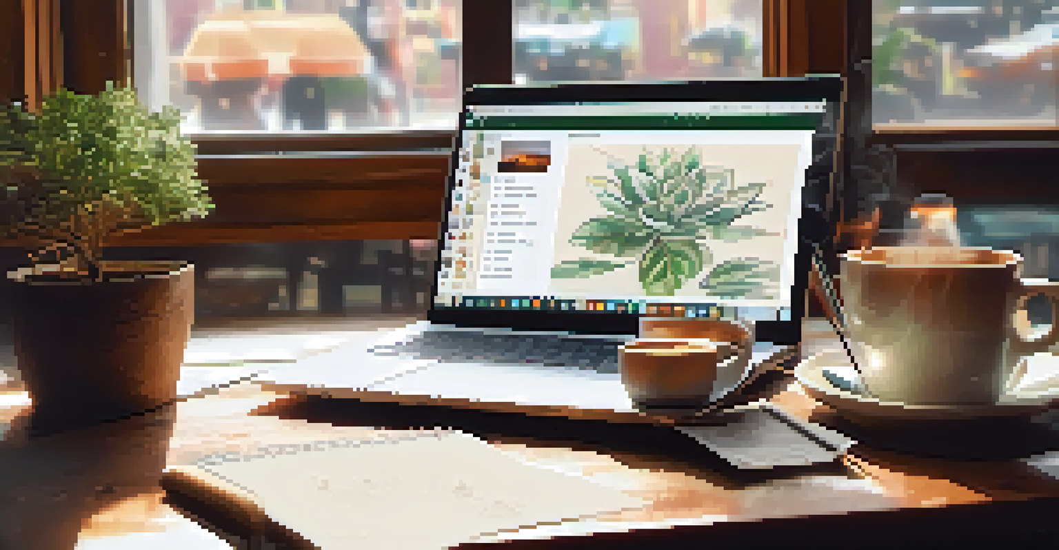 A close-up of hands typing on a laptop in a coffee shop, with a notebook, coffee cup, and plant on the table, illuminated by natural light.