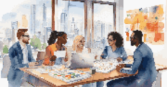 A diverse team of marketers working together at a table, surrounded by charts and notes, with a city view in the background.