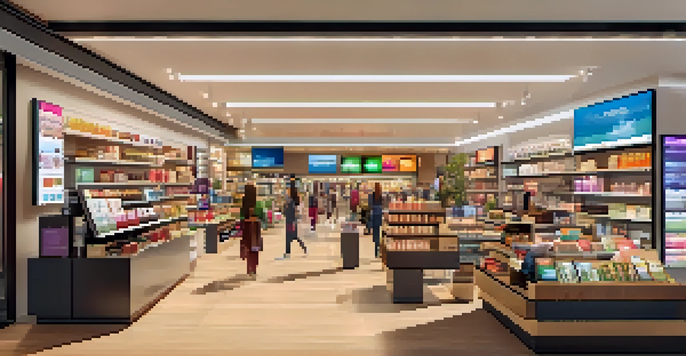A modern retail store filled with customers interacting with staff and digital screens showcasing personalized products.