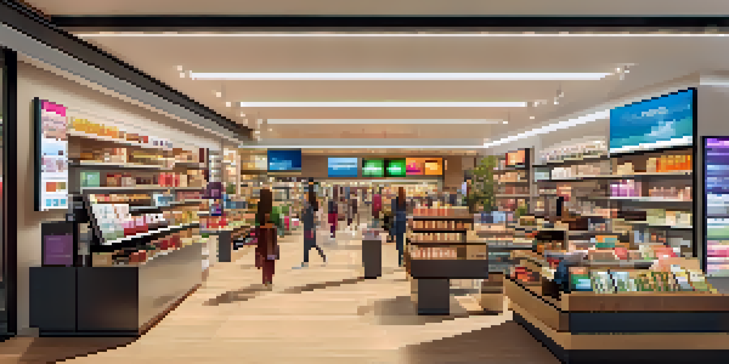 A modern retail store filled with customers interacting with staff and digital screens showcasing personalized products.
