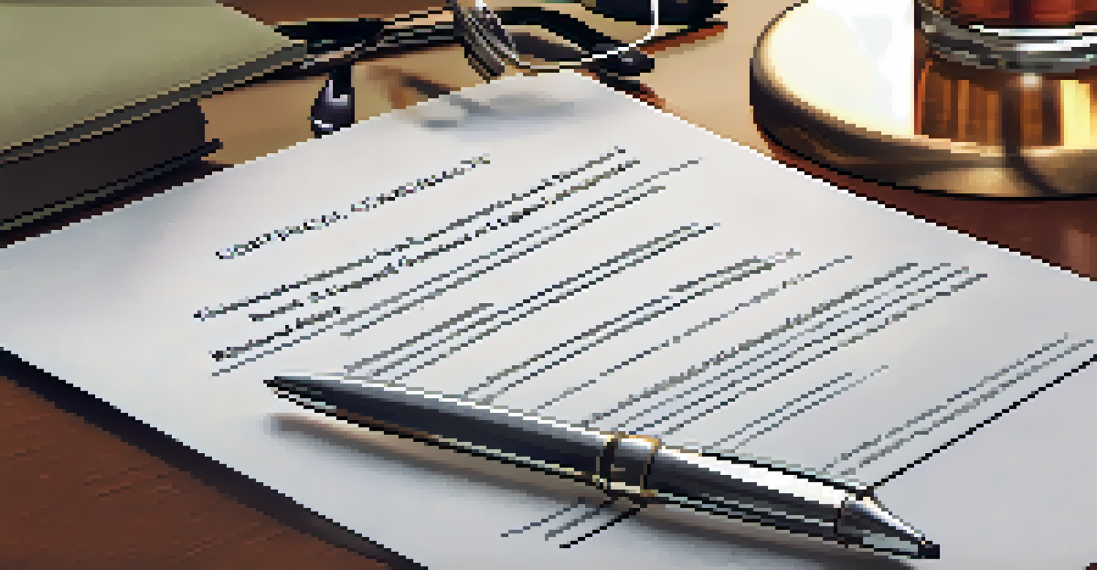 A close-up of a contract document with an arbitration clause, a pen, glasses, and a laptop in the background.