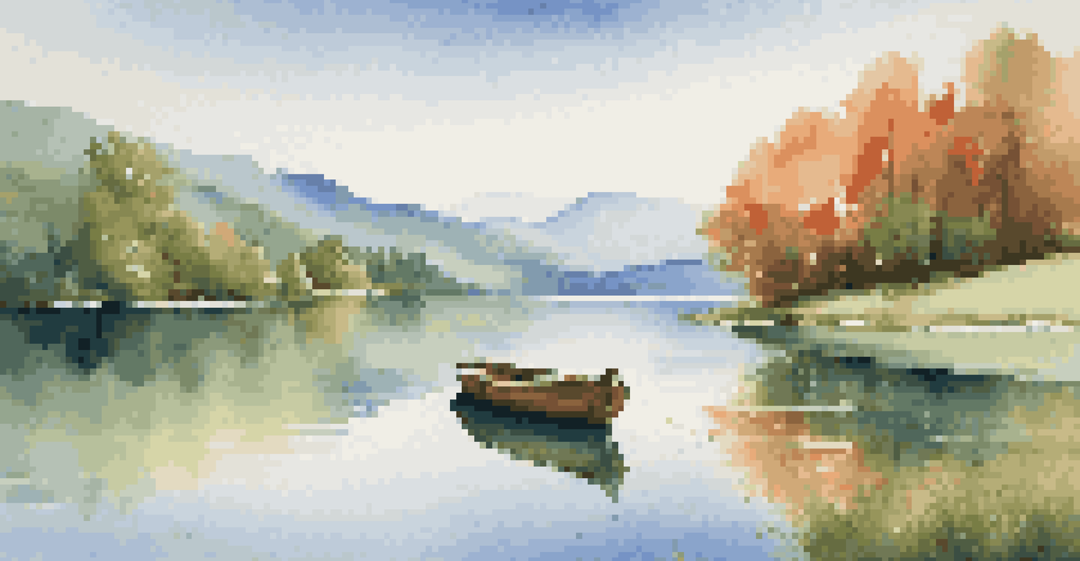 A beautiful serene landscape of a tranquil lake surrounded by green mountains and a clear blue sky, with a wooden boat floating on the water.