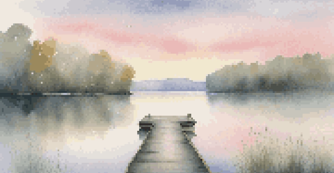 A peaceful sunrise over a calm lake with a wooden dock and mist rising from the water.